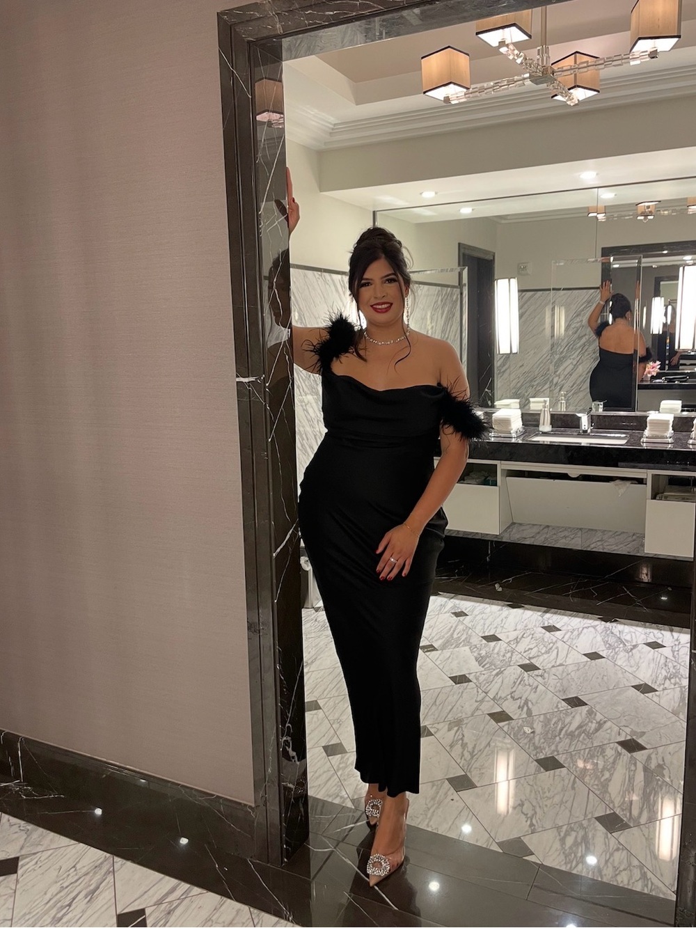 House of CB Black Feather-Shoulder Cowl Neck Maxi Dress